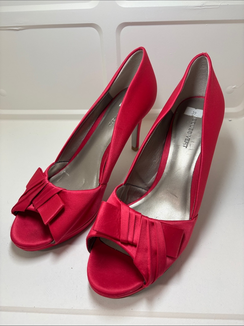 Red Satin Peep-Toe Heels with Bow Accent party occasion, trendy chic date night - Picture 1 of 6